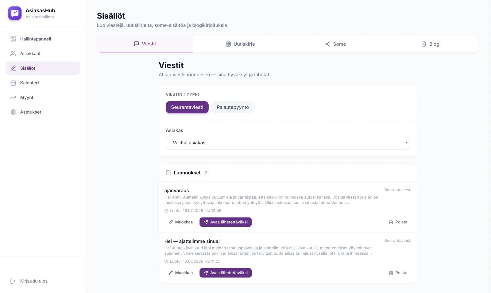 Viestit-näkymä — AI luo viestiluonnoksen, sinä hyväksyt ja lähetät